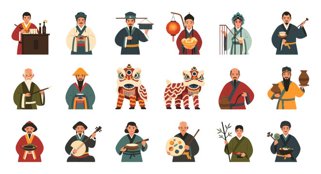Traditional Chinese Characters in Flat Design Style - Culture  Traditions