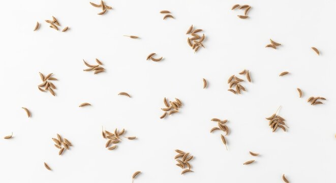 Whole aromatic cumin seeds scattered on a clean white studio floor, providing a professional view of a popular spice used in diverse recipes, fragrant, traditional, macro