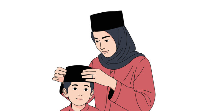 Muslim Mother Wearing A Hijab Helping Her Young Son Put On A Black Peci Or Kopiah Cap In A Traditional Manner For Cultural Celebration Event teacher