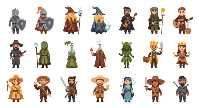 Flat Cartoon Fantasy RPG Medieval Characters Vector Set - Knights, Wizards, Adventurers Collection