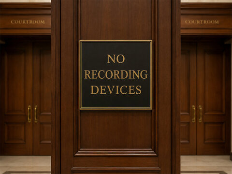 Formal wood paneled courthouse interior with no recording devices notice beside courtroom doors for legal procedure visitor compliance privacy protection and media restrictions in justice building