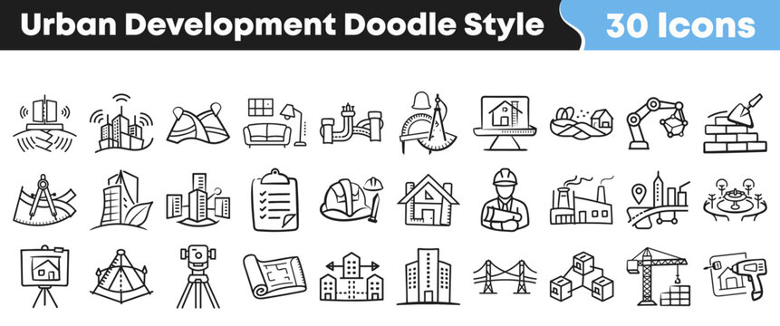 Set of black and white urban development doodle style icons