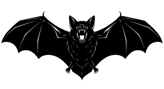Fierce Bat Silhouette with Open Wings and Fangs
