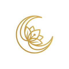 Fototapeta premium Golden crescent moon with lotus flower logo.