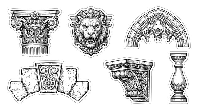Collection of architectural elements and decorative ornaments in a sketch style