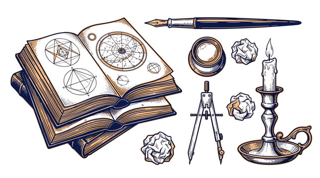 Ancient occult book with astrological charts and arcane symbols surrounded by writing tools and a candle