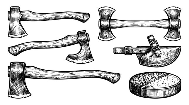 Collection of vintage axes and a sharpening stone in a hand drawn sketch style
