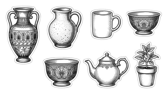 Collection of antique pottery and ceramic objects including vases jugs bowls teapots and a potted plant
