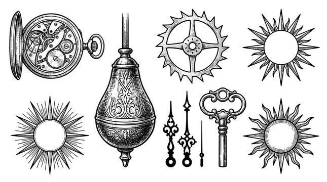 Steampunk elements vintage clockwork gears key sunbursts and pendulum illustration