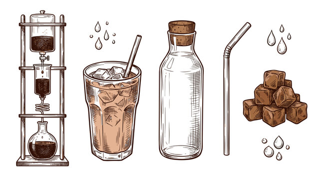 Cold Brew Coffee Making Process Elements Hand Drawn Illustration