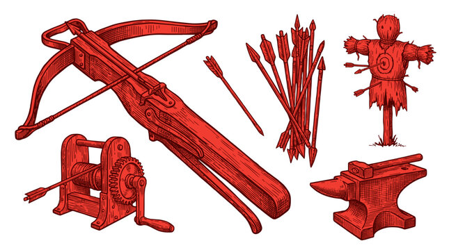 Medieval weapons and tools including a crossbow arrows anvil and target dummy illustration