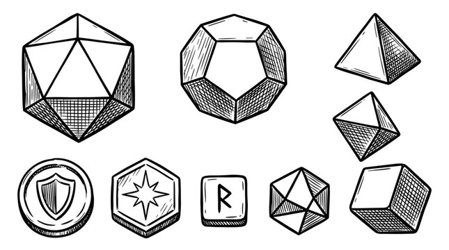 Collection of hand drawn dice and game tokens for tabletop role playing games