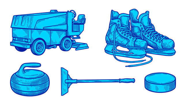 Ice Skating and Curling Equipment Collection Ice Hockey Puck and Zamboni Machine Illustration