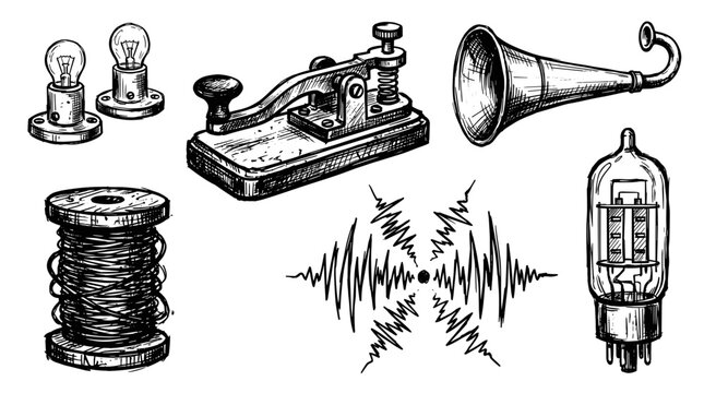 Vintage technology collection including telegraph, vacuum tube, light bulbs, and speaker horn
