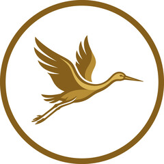 Fototapeta premium Gold stork flying bird logo in circular frame.