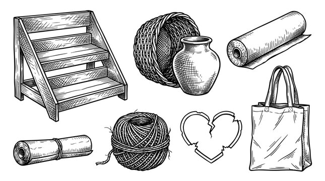 Collection of vintage hand drawn objects including a wooden display shelf a basket a vase a roll of paper a tote bag and a ball of twine
