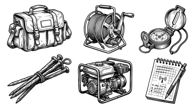 Surveying Equipment Collection Vintage Sketch Style
