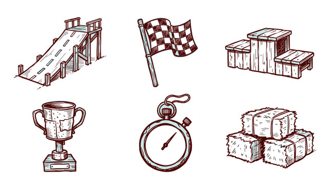 Set of racing and victory icons including ramp, checkered flag, podium, trophy, stopwatch and hay bales