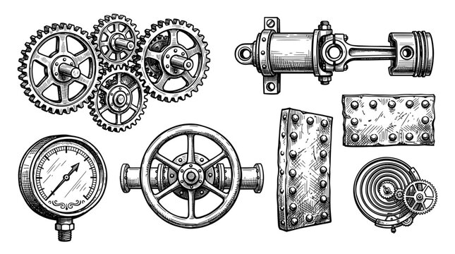Steampunk Mechanical Elements Collection Gears Piston Valve Pressure Gauge Riveted Plates