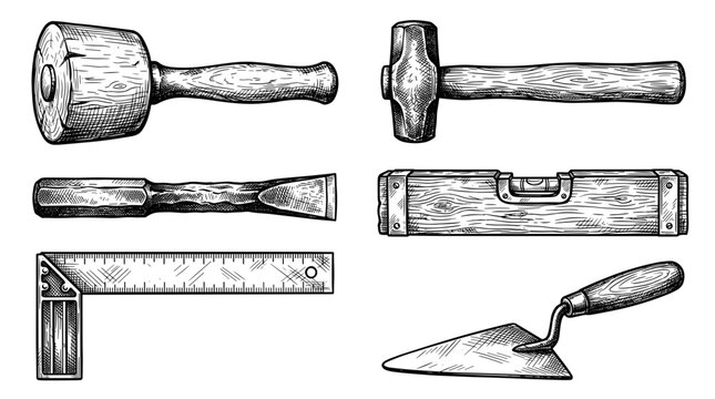 Collection of vintage carpentry and masonry tools including a mallet chisel level ruler and trowel