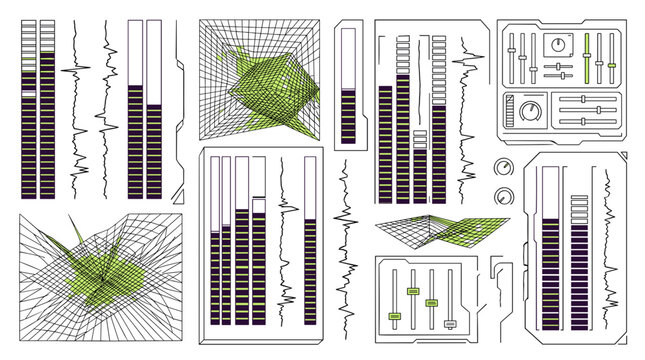 Futuristic digital interface with graphs sliders and abstract geometric shapes