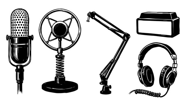 Vintage and modern podcasting equipment including microphones headphones and boom arm illustration