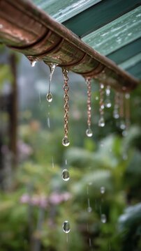 Rainwater dripping from copper gutter downchains on rainy day with dripping drainage climatology