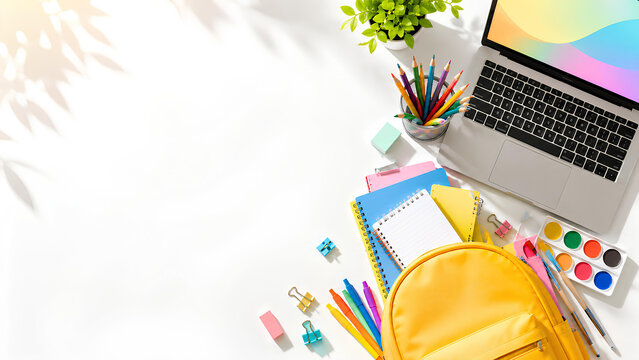Back to school flat lay with laptop, yellow backpack and stationery on white background