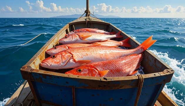A wooden boat filled with freshly caught red fish is seen on the open ocean. The sky is bright blue and the water is clear