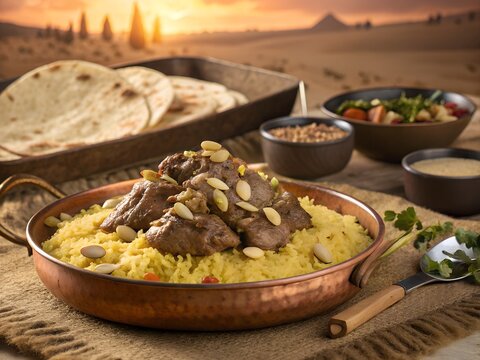 Traditional Jordanian Mansaf with Lamb, Yellow Saffron Rice and Almonds on Bedouin Copper Tray, Desert Sunset Background
