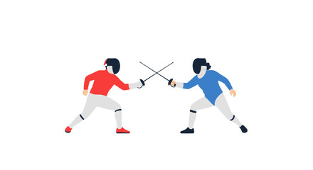 Fototapeta premium Fencing duel, two athletes in protective gear with swords clashing