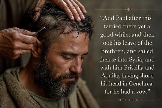 Apostle Paul's Vow and Shorn Head in Cenchrea, Symbolizing Dedication and Missionary Journey with English Scripture