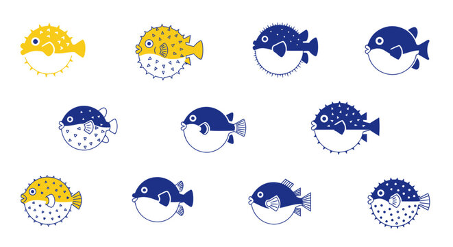 set of blue and yellow pufferfish illustrations