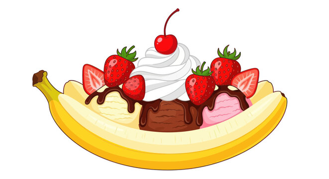 Banana split with ice cream and strawberries