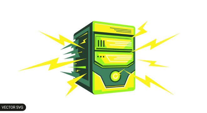 Green computer tower with yellow lightning bolts