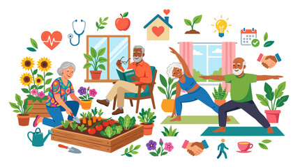Fototapeta premium Active elderly couple gardening practicing yoga and enjoying retirement lifestyle illustration.
