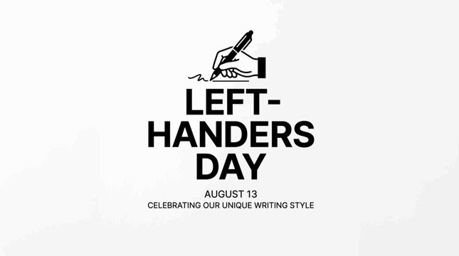Black and white Left Handers Day logo with hand and pen illustration.