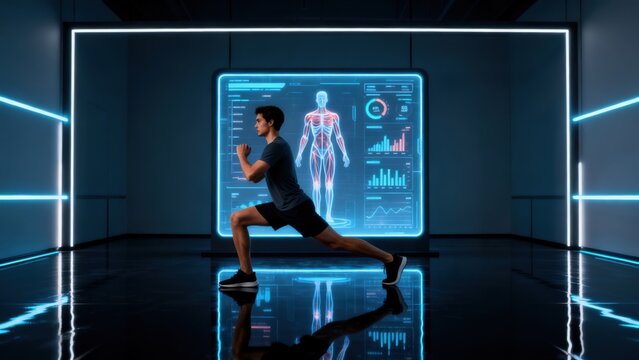 Man doing lunge exercise in futuristic room
