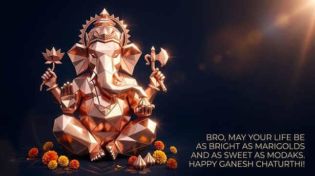 Geometric Lord Ganesha idol with marigold flowers and modaks, celebrating Ganesh Chaturthi on a dark background with warm lighting.