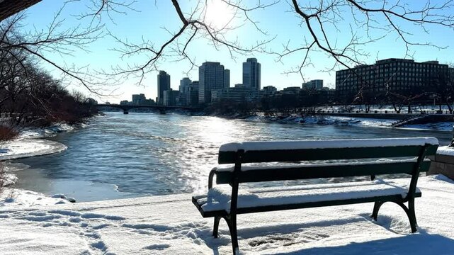 Scenic winter view of a snow-covered bench overlooking a flowing river and city skyline under a clear blue sky