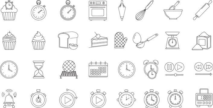 Baking and timekeeping including cupcakes oven stopwatch hourglass and calendar cooking clock