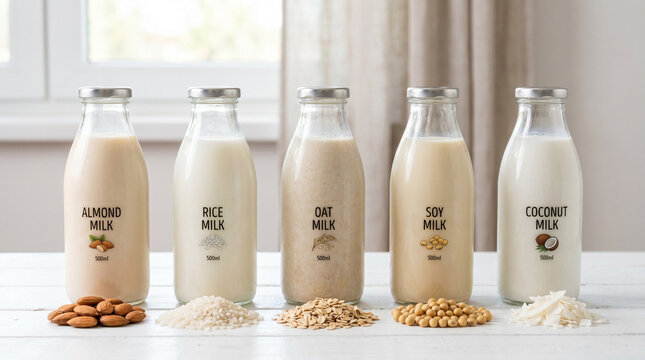 Assorted plant based milk bottles including almond oat soy rice and coconut milk.