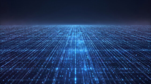 Blue glowing digital grid stretching towards a distant horizon.
