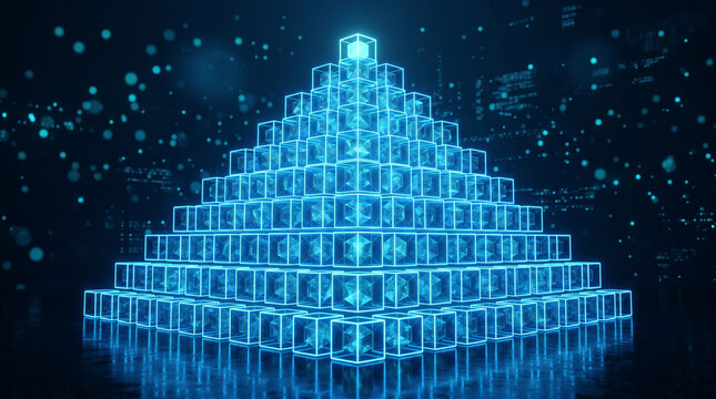 Blue glowing digital pyramid made of translucent cubes in dark space.