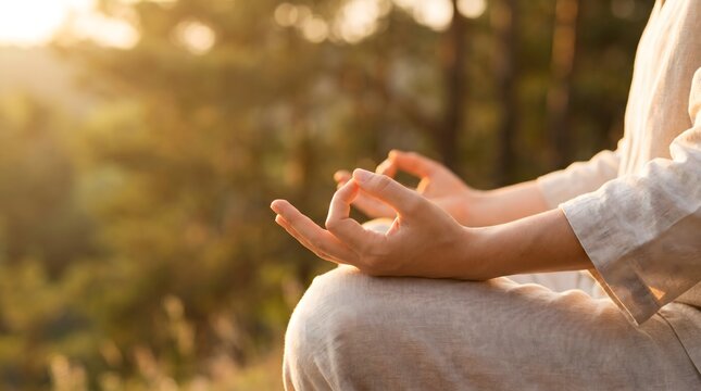 Close up of hands in gyan mudra position meditating outdoors in nature at sunset