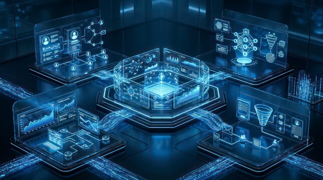 Ultra realistic close-up visualization of an integrated business automation platform, central dashboard