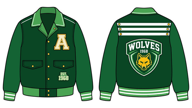 Green letterman jacket with 'A' and wolf logo sports team apparel front back.
