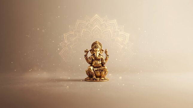 Golden statue of Lord Ganesha sitting serenely on a warm, glowing background with subtle mandala and sparkling particles, evoking a spiritual and devotional atmosphere.
