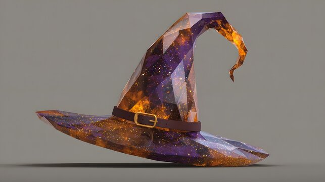 Premium 3D render of faceted witch's hat with galaxy nebula glass and gold buckle, isolated on minimalist grey gradient