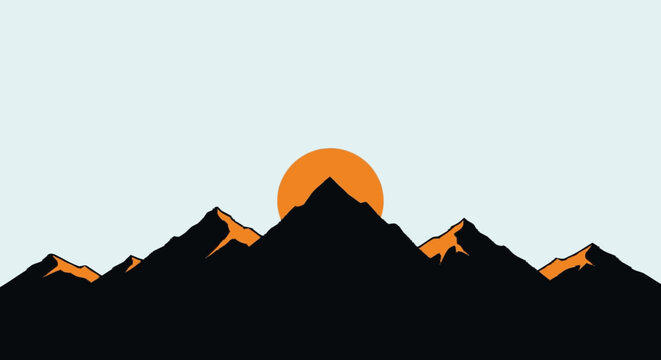 Minimalist mountain silhouette with orange sun against light sky.